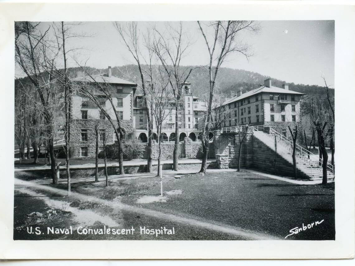 Black and white photo of Hotel Colorado turned into a U.S. Naval Convalescent Hospital