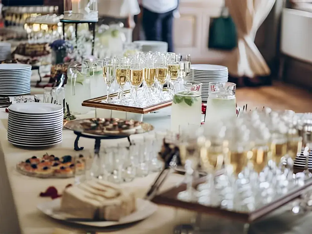 A banquet table in Hotel Colorado set with an array of food and drinks
