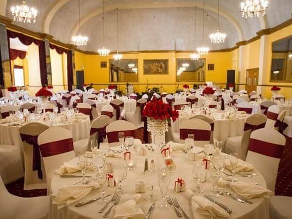 Devereux Room decorated for wedding reception at Hotel Colorado