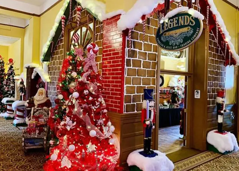 Entrance to Legends Coffee & Gift Shop decorated as a gingerbread house