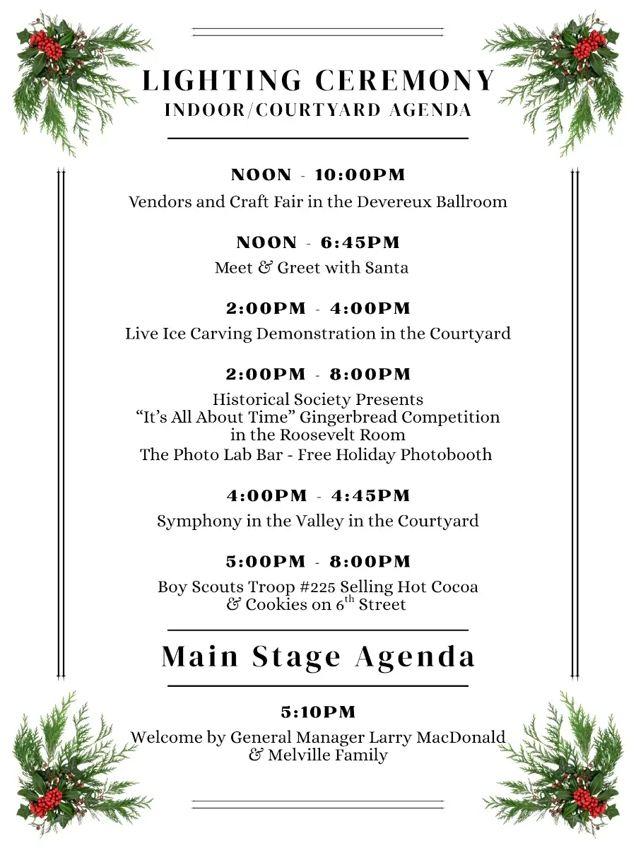 Festive agenda flyer featuring greenery and red berries, outlining the schedule for the lighting ceremony, with events like a craft fair, Santa meet and greet, live ice carving, history presentation, photobooth, choir, and hot cocoa booth.