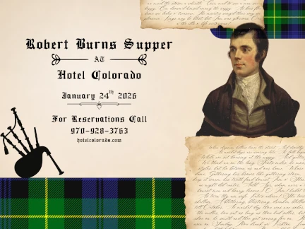 Dinner Invitation to Hotel Colorado featuring a portrait of Robert Burns.