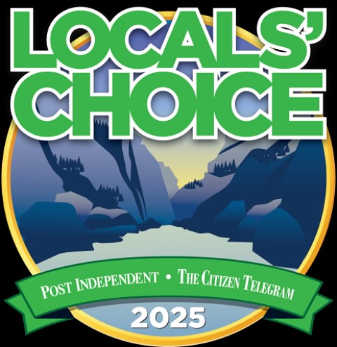 The Locals Choice 2025 logo showcases green text against a stunning backdrop of mountains and river. A green ribbon beneath features the words Post Independent • The Citizen Telegram, celebrating community favorites.