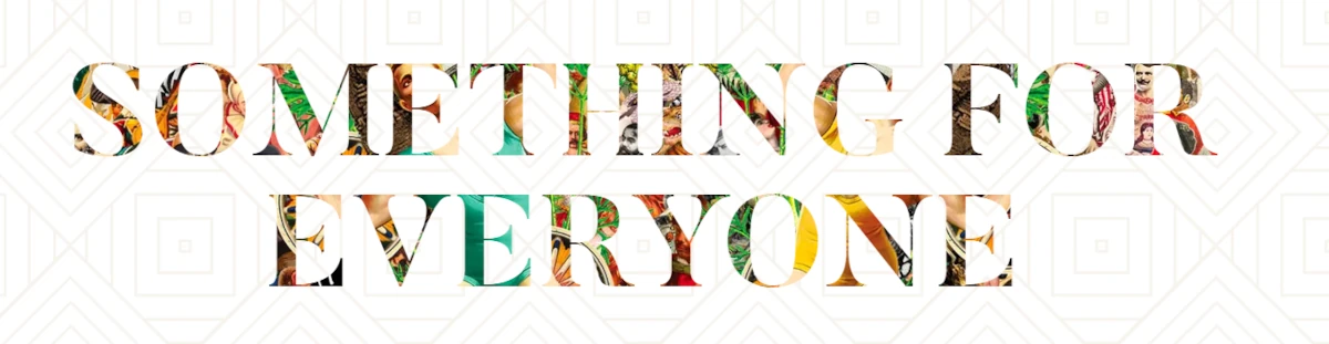 The phrase SOMETHING FOR EVERYONE is written in large, bold letters filled with a colorful collage of spring break images, set against a white background with a faint geometric pattern.