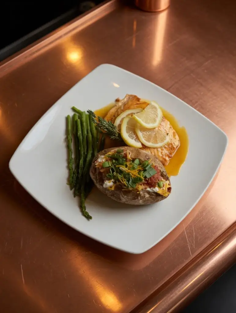 A square white plate from the Coppertop Bar at Hotel Colorado features grilled asparagus, a baked potato topped with cheese, bacon, and chives, and a piece of fish garnished with lemon slices on a copper-colored surface.