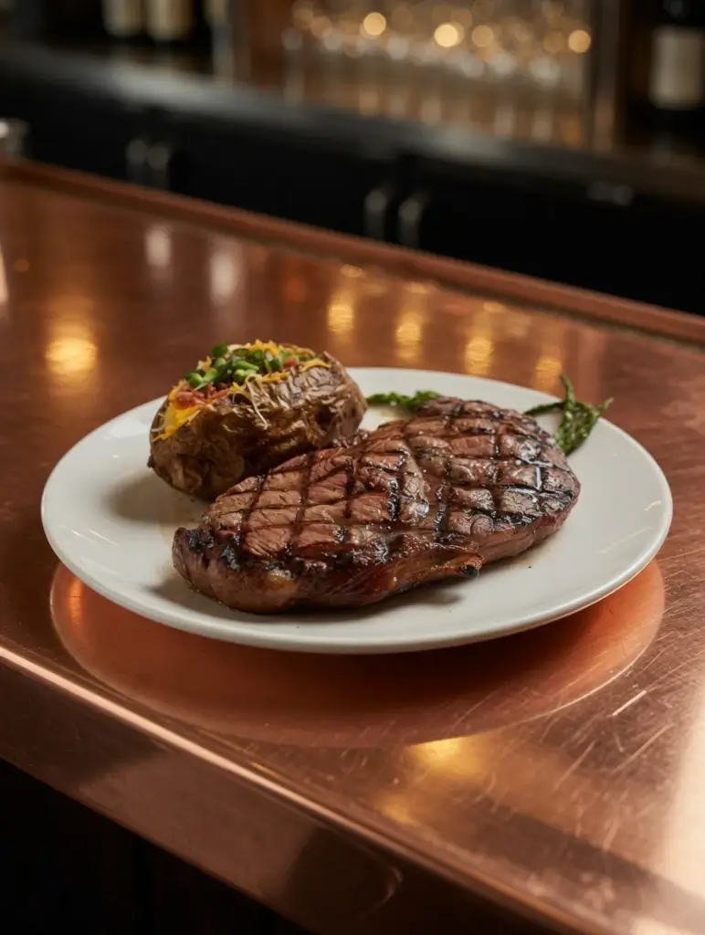 A grilled steak with grill marks and a baked potato topped with cheese and chives, served on a white plate atop the Coppertop Bar at Hotel Colorado.