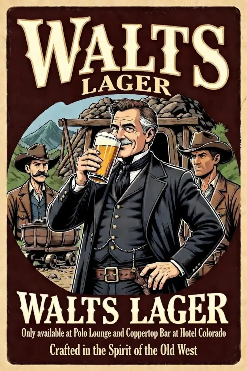 A vintage-style poster shows a well-dressed man holding a beer, flanked by cowboys and mountains in the background. The text reads, Walts Lager—Crafted in the Spirit of the Old West.