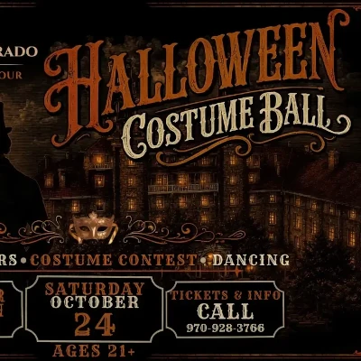 Dark Halloween Costume Ball poster with a spooky mansion, ornate orange and gold text, mask, and details for the event: October 24, ages 21+, includes music, costume contest, dancing, and specialty drinks like the Borderlands Spritz. Call for tickets.