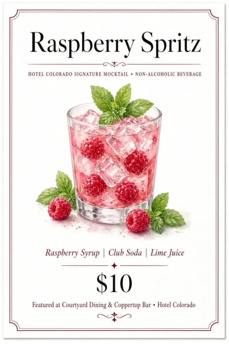 A glass of raspberry spritz with ice, raspberries, and mint leaves. Text lists ingredients: raspberry syrup, club soda, lime juice. Price is $10. Enjoy the refreshing Borderlands Spritz, featured at Hotel Colorado dining and bar.
