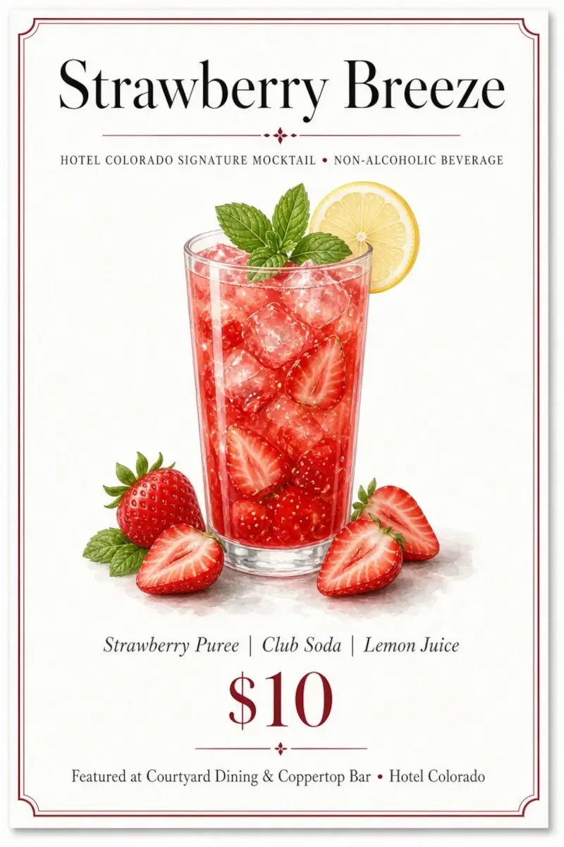 A glass of red strawberry mocktail with ice, mint, lemon slice, and strawberries—our Borderlands Spritz—is priced at $10. Text lists ingredients: strawberry puree, club soda, lemon juice. Decorative strawberries and mint shown.