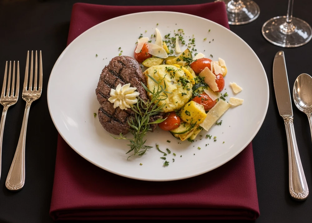 A plated steak with a dollop of butter, garnished with rosemary, alongside sautéed zucchini, yellow squash, cherry tomatoes, and shaved cheese—an elegant presentation perfect for weddings. The plate sits on a burgundy napkin with silverware on both sides.